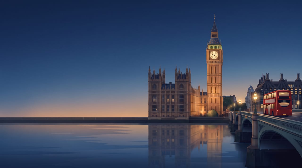 Illustration of Big Ben and the Houses of Parliament at blue hour, with a red double-decker bus on Westminster Bridge, London